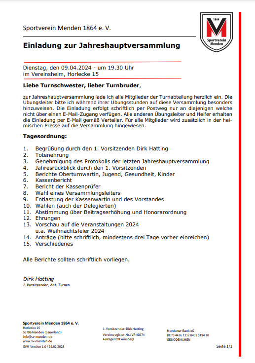 Jahreshauptversammlung der Turnabteilung