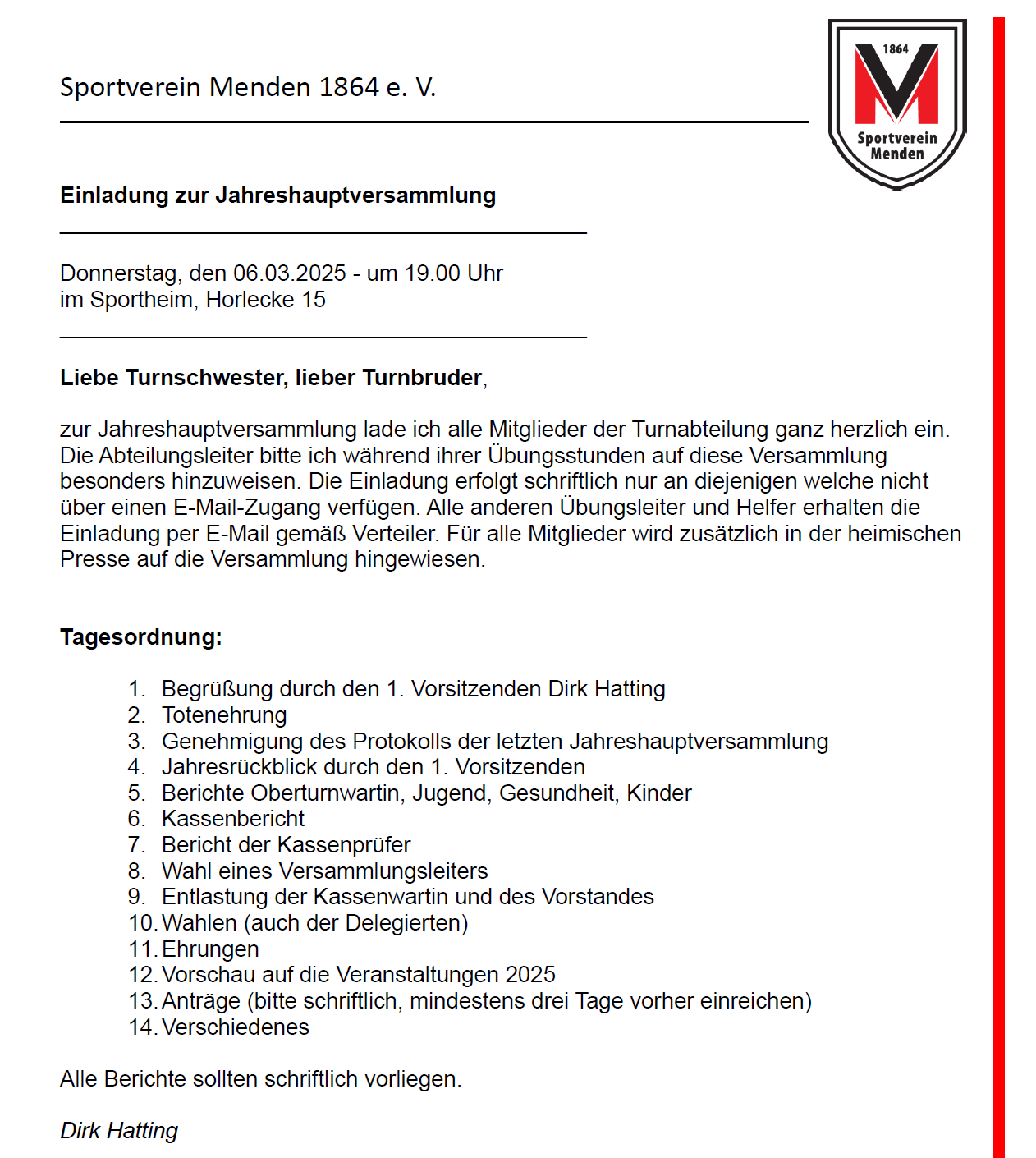 Jahreshauptversammlung der Turner 2025