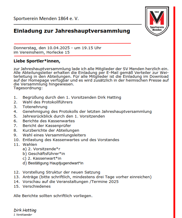 Einladung zur Mitgliederversammlung des SV Menden
