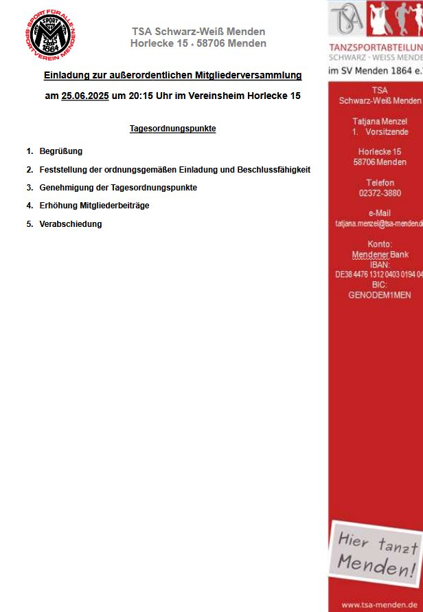 Außerordentliche Mitgliederversammlung am 25.06.2025 um 20:15